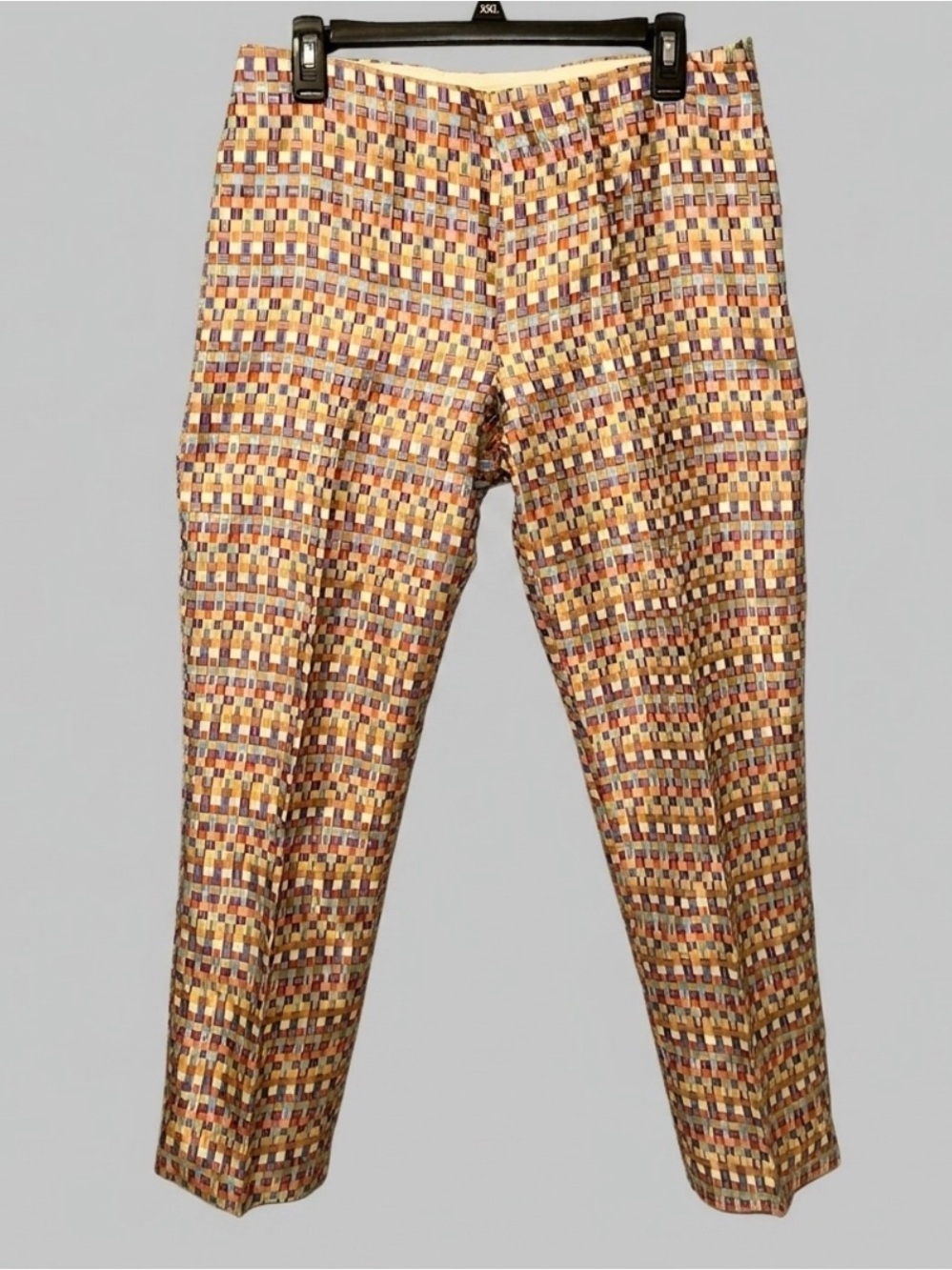 Vintage Y2K 100% Silk Faux Patchwork Geometric Pants Checkered Jacquard 32x32.5